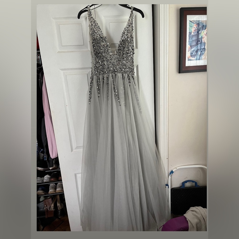 Grey backless prom dress